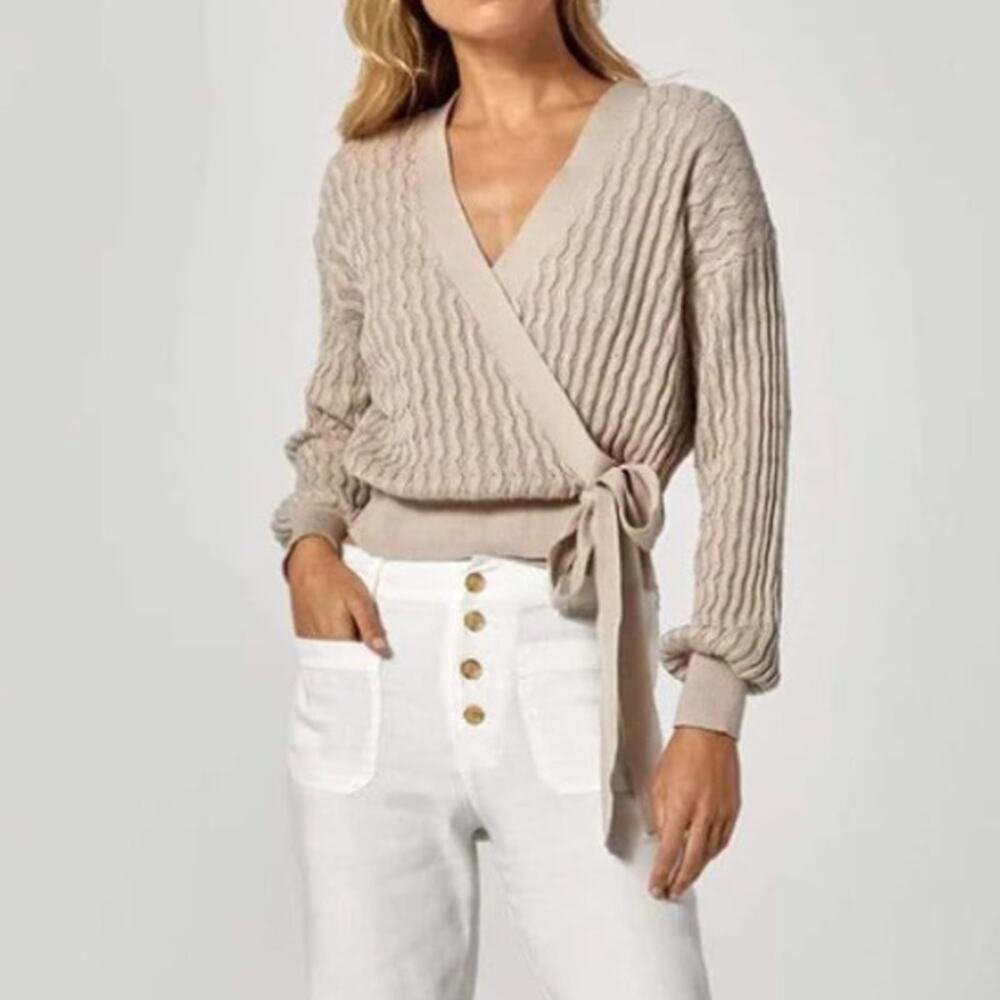 Alp N Rock Mallory Wrap Cardigan Sweater Beige Cotton Pointelle Stitch Women's S